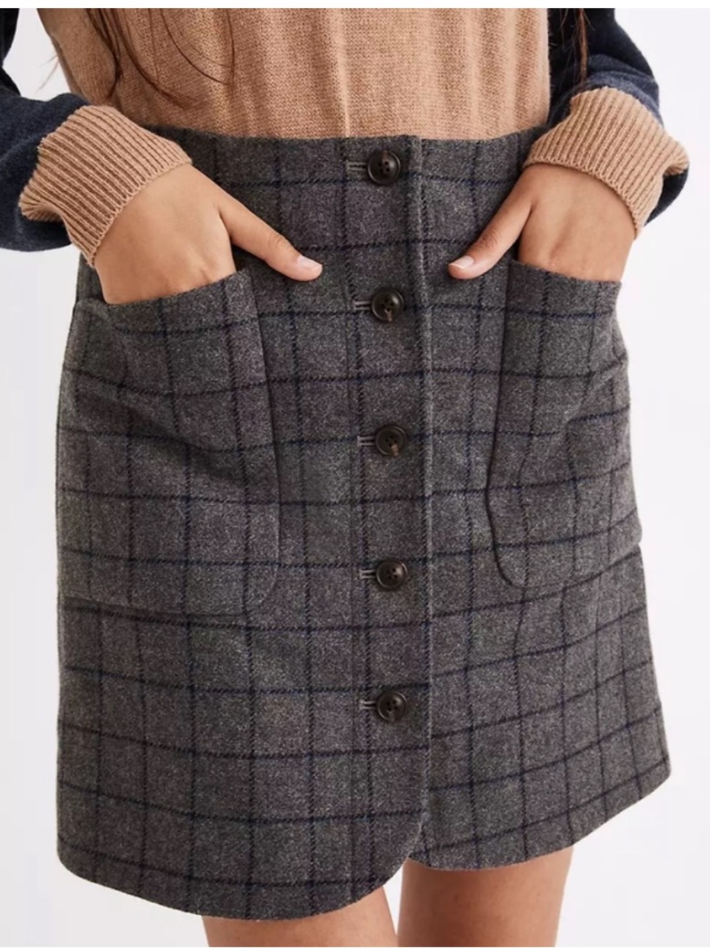 Madewell Wool Blend Gray Plaid Button Front Mini Skirt patch pockets preppy